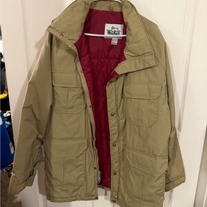 Vintage Woolrich Tan Field / Mountain Jacket – Red Quilted Lining – Size L